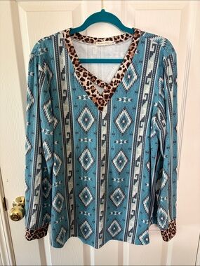 Teal Aztec-Print Long Sleeve V-Neck Top with Leopard Trim